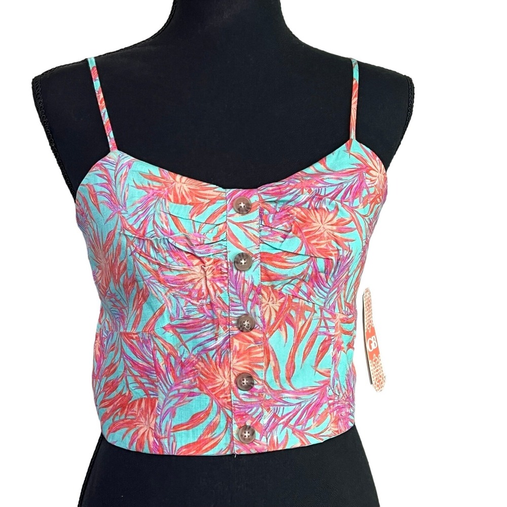 Gianni‎ Bini Jrs Size Medium Tropical Tiered Ruffle Pink Green Cami Top Coquette